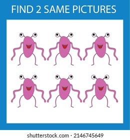 Find a pair game with funny  pink monsters.  Worksheet for preschool kids, kids activity sheet, printable worksheet 
