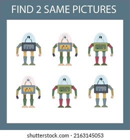 Encuentra un juego de pareja con robots graciosos.  Hoja de trabajo para niños de preescolar, hoja de actividades para niños, hoja de trabajo imprimible 
