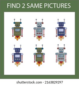 Find a pair game with funny  robots.  Worksheet for preschool kids, kids activity sheet, printable worksheet 
