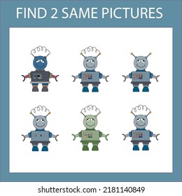 Find a pair game with funny  robots.  Worksheet for preschool kids, kids activity sheet, printable worksheet 
