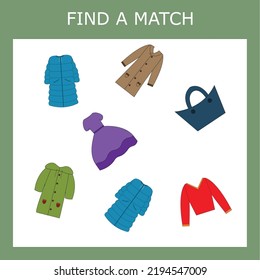 Find A Pair Or Match Game With  Colorful Clothes.   Worksheet For Preschool Kids, Kids Activity Sheet, Printable Worksheet 