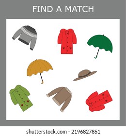 Find A Pair Or Match Game With  Colorful Clothes.   Worksheet For Preschool Kids, Kids Activity Sheet, Printable Worksheet 