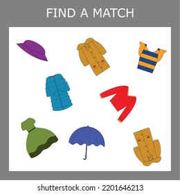 Find A Pair Or Match Game With  Colorful Clothes.   Worksheet For Preschool Kids, Kids Activity Sheet, Printable Worksheet 