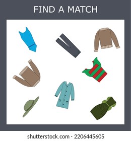 Find A Pair Or Match Game With  Colorful Clothes.   Worksheet For Preschool Kids, Kids Activity Sheet, Printable Worksheet 