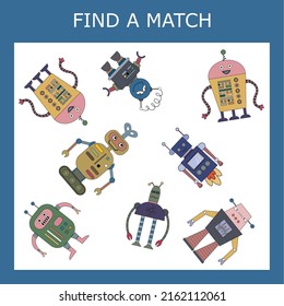 Encuentra un juego de pareja o juego con robots.  Hoja de trabajo para niños de preescolar, hoja de actividades para niños, hoja de trabajo imprimible 