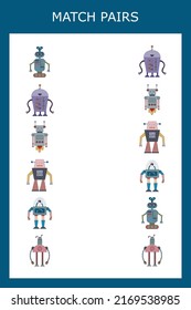 Finden Sie ein Paar oder Spiel mit Robotern.  Arbeitsblatt für Vorschulkinder, Kinderaktivitätsblatt, Druckbogen 