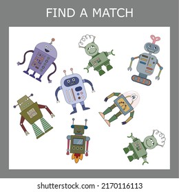 Find a pair or match game with robots.  Worksheet for preschool kids, kids activity sheet, printable worksheet 