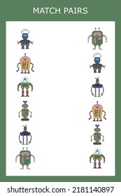 Encuentra un juego de pareja o juego con robots.  Hoja de trabajo para niños de preescolar, hoja de actividades para niños, hoja de trabajo imprimible 