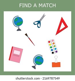 Find a pair or match game with school stationery.  Worksheet for preschool kids, kids activity sheet, printable worksheet 