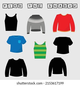 Find a pair or shadow  game with clothes.  Worksheet for preschool kids, kids activity sheet, printable worksheet 
