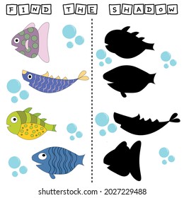 Find a pair or shadow  game with funny fishes. Worksheet for preschool kids, kids activity sheet, printable worksheet