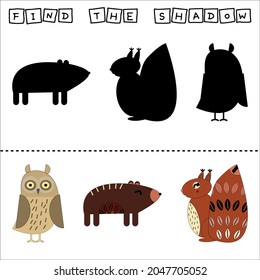Find a pair or shadow  game with funny squirrel, owl, bear.  Worksheet for preschool kids, kids activity sheet, printable worksheet