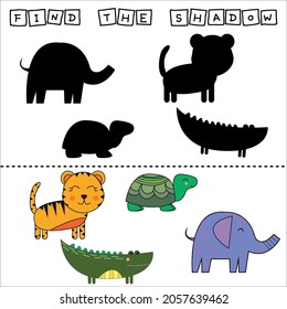 Encuentra un juego en pareja o en la sombra con tigre divertido, elefante, tortuga, cocodrilo.  Hoja de trabajo para niños de preescolar, hoja de actividades para niños, hoja de trabajo imprimible
