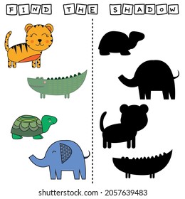 Find a pair or shadow  game with funny tiger, elephant, turtle, crocodile.  Worksheet for preschool kids, kids activity sheet, printable worksheet