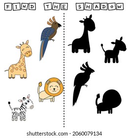 Finden Sie ein Paar oder Schattenspiel mit lustigen Papagei, Löwen, Zebra, Giraffe.  Arbeitsblatt für Vorschulkinder, Kinderaktivitätsblatt, Druckbogen
