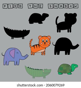Find a pair or shadow  game with funny tiger, elephant, turtle, crocodile.  Worksheet for preschool kids, kids activity sheet, printable worksheet