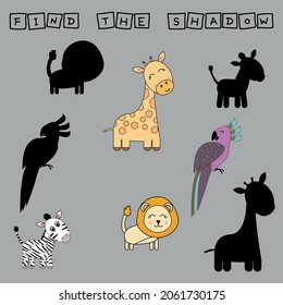 Encuentra un juego de pareja o sombra con loro gracioso, león, cebra, jirafa.  Hoja de trabajo para niños de preescolar, hoja de actividades para niños, hoja de trabajo imprimible