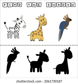 Find a pair or shadow  game with funny parrot, zebra, giraffe.  Worksheet for preschool kids, kids activity sheet, printable worksheet
