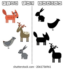 Find a pair or shadow  game with funny deer, rabbits, fox., bird.  Worksheet for preschool kids, kids activity sheet, printable worksheet