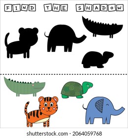Find a pair or shadow  game with funny tiger, elephant, turtle, crocodile.  Worksheet for preschool kids, kids activity sheet, printable worksheet