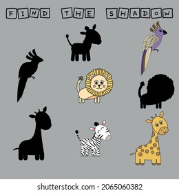 Find a pair or shadow  game with funny parrot, lion, zebra, giraffe.  Worksheet for preschool kids, kids activity sheet, printable worksheet