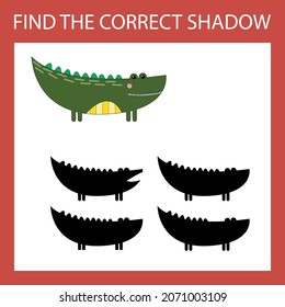 Find a pair or shadow  game with funny crocodiles.  Worksheet for preschool kids, kids activity sheet, printable worksheet