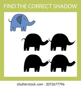 Find a pair or shadow  game with funny elephants.  Worksheet for preschool kids, kids activity sheet, printable worksheet