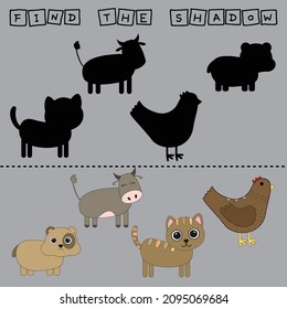 Find a pair or shadow  game with funny  cow, cat, chicken, hamster.  Worksheet for preschool kids, kids activity sheet, printable worksheet 
