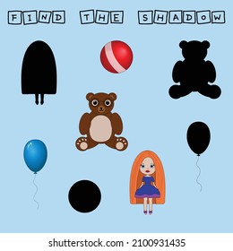 Find a pair or shadow  game with funny  colorful toys.  Worksheet for preschool kids, kids activity sheet, printable worksheet 
