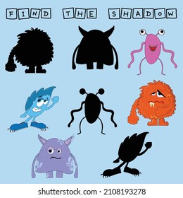 Find a pair or shadow  game with funny  colorful monsters.  Worksheet for preschool kids, kids activity sheet, printable worksheet 
