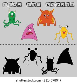 Find a pair or shadow  game with funny  colorful monsters.  Worksheet for preschool kids, kids activity sheet, printable worksheet 
