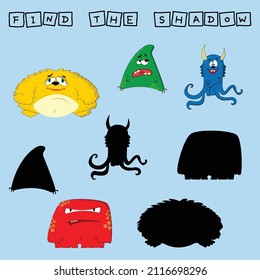 Find a pair or shadow  game with funny  colorful monsters.  Worksheet for preschool kids, kids activity sheet, printable worksheet 
