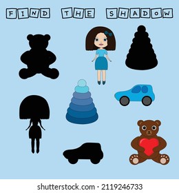 Finden Sie ein Paar oder ein Schattenspiel mit lustigen bunten Spielzeugen.  Arbeitsblatt für Vorschulkinder, Kinderaktivitätsblatt, Druckbogen 
