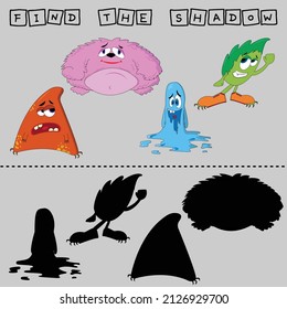 Find a pair or shadow  game with funny  colorful monsters.  Worksheet for preschool kids, kids activity sheet, printable worksheet 
