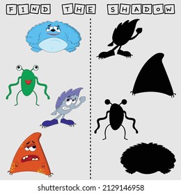 Find a pair or shadow  game with funny  colorful monsters.  Worksheet for preschool kids, kids activity sheet, printable worksheet 
