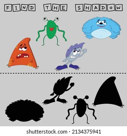 Find a pair or shadow  game with funny  colorful monsters.  Worksheet for preschool kids, kids activity sheet, printable worksheet 

