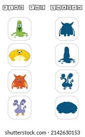Find a pair or shadow  game with funny monsters.  Worksheet for preschool kids, kids activity sheet, printable worksheet 

