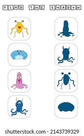 Find a pair or shadow  game with funny monsters.  Worksheet for preschool kids, kids activity sheet, printable worksheet 
