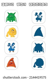 Find a pair or shadow  game with funny monsters.  Worksheet for preschool kids, kids activity sheet, printable worksheet 
