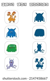 Find a pair or shadow  game with funny monsters.  Worksheet for preschool kids, kids activity sheet, printable worksheet 
