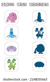 Find a pair or shadow  game with funny monsters.  Worksheet for preschool kids, kids activity sheet, printable worksheet 
