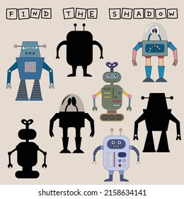 Find a pair or shadow  game with robots.  Worksheet for preschool kids, kids activity sheet, printable worksheet 