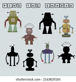 Encuentra un juego en pareja o en la sombra con robots.  Hoja de trabajo para niños de preescolar, hoja de actividades para niños, hoja de trabajo imprimible 