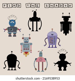 Encuentra un juego en pareja o en la sombra con robots.  Hoja de trabajo para niños de preescolar, hoja de actividades para niños, hoja de trabajo imprimible 