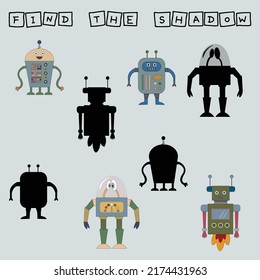 Find a pair or shadow  game with robots.  Worksheet for preschool kids, kids activity sheet, printable worksheet 
