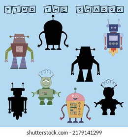 Encuentra un juego en pareja o en la sombra con robots.  Hoja de trabajo para niños de preescolar, hoja de actividades para niños, hoja de trabajo imprimible 