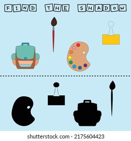 Find a pair or shadow  game with stationery school. Worksheet for preschool kids, kids activity sheet, printable worksheet 
