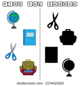 Find a pair or shadow  game with stationery school. Worksheet for preschool kids, kids activity sheet, printable worksheet 