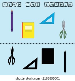 Find a pair or shadow  game with stationery school. Worksheet for preschool kids, kids activity sheet, printable worksheet 