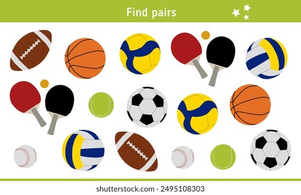 Find pairs for balls for various sports games, inventory for sportsmen. Children's educational game, logical task. Riddle, quiz for kids